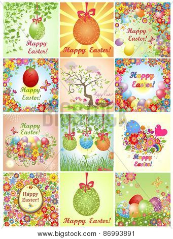 Collection of easter greeting cards with colorful flowers and eggs
