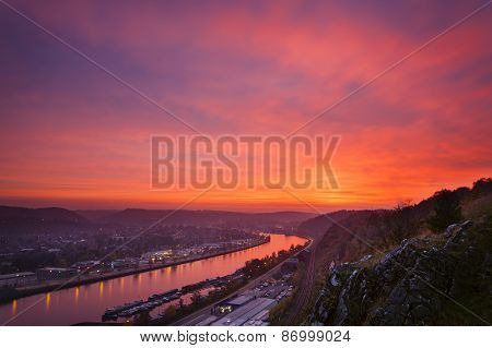 Red Sunset At Meuse River
