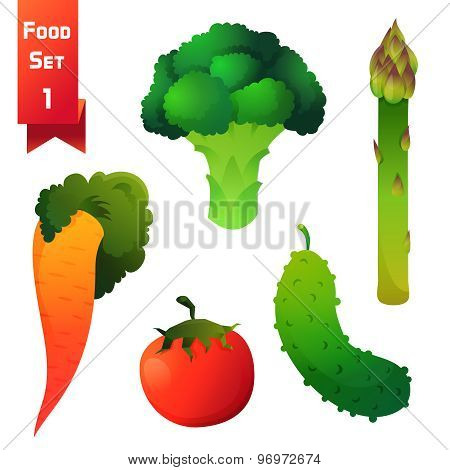Set of juicy vegetables, green broccoli and asparagus with carrot, red tomato and cucumber isolated
