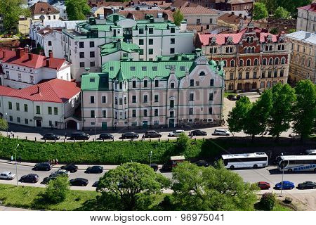 VYBORG, LENINGRAD OBLAST, RUSSIA - JUNE 6, 2015: Aerial view to the embankment of Vyborg gulf. Before 1940, Vyborg was the second largest city of Finland