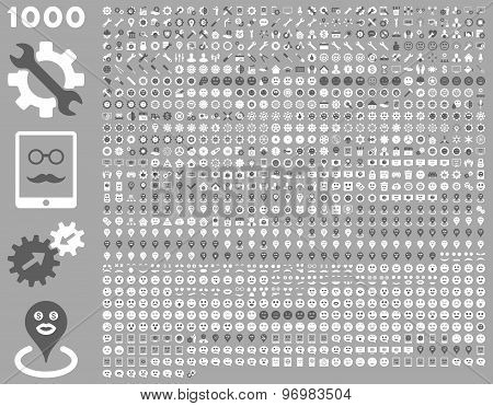 1000 tools, gears, smiles, map markers, mobile icons
