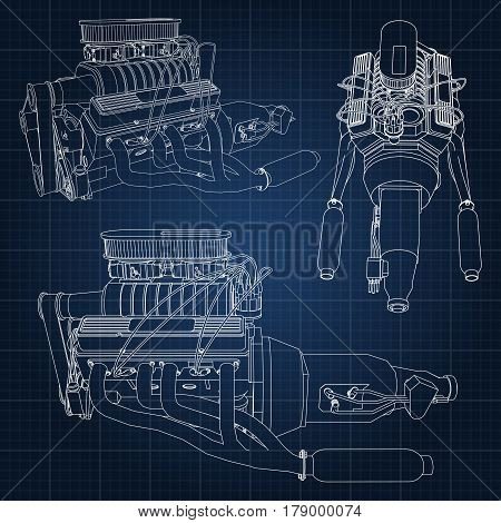 A Set Of Several Types Of Powerful Car Engine. The Engine Is Drawn With White Lines On A Dark Blue S