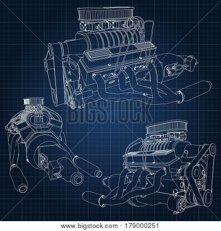 A Set Of Several Types Of Powerful Car Engine. The Engine Is Drawn With White Lines On A Dark Blue S