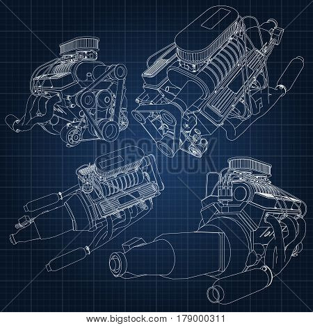 A Set Of Several Types Of Powerful Car Engine. The Engine Is Drawn With White Lines On A Dark Blue S