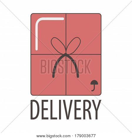 Delivery logo template for post logistics company or express shipping post service of internet shop. Vector symbol of gift box or parcel with bow tie and fragile umbrella mark