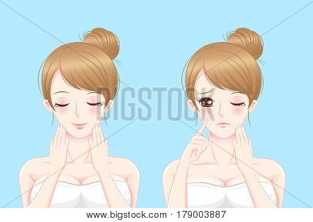 cartoon beauty woman with freckle problem on blue background