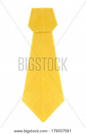 Yellow ascot (cravat) of origami, isolated on white background.