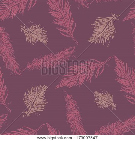 Seamless Pattern With Feathers Pink On A Purple Background. Vintage Artistically Hand Drawn Stylized