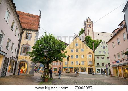 Pedestrian Street In Fussen With Typical Bavarian Buildings.