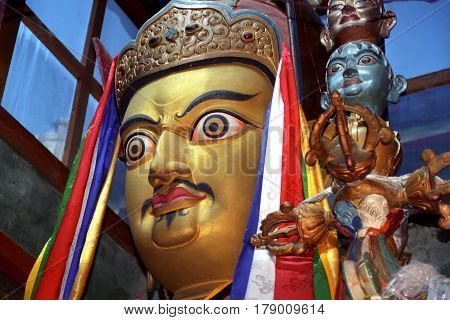Old Drompa, Tibet, China - September 2011: Statue of Tibetan Buddhism founder Padmasambhava Guru Rinpoche in the monastery Zhidung gompa on September 2011 in Old Drompa, Tibet, China.