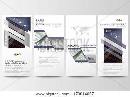 Flyers set, modern banners. Business templates. Cover template, easy editable flat style layouts, vector illustration. Abstract waves, lines and curves. Dark color background. Motion design