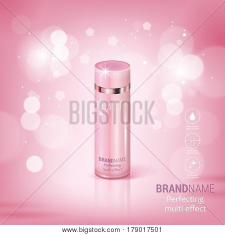 Facial Treatment Cream Realistic Vector Illustration Isolated On Pink Bokeh Background. Cosmetic Add