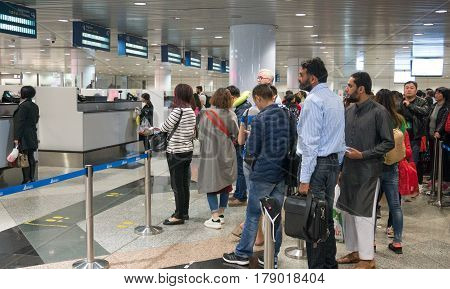 Malaysia - Mar 21, 2017: Group Of Travelers Enter Immigration Control At Kuala Lumpur International