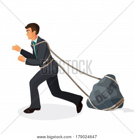 Entangled in ropes businessman pulls stone burden with name debt. Vector illustration of bad credit and trust consequences isolated on white. Young man dragging hard liability