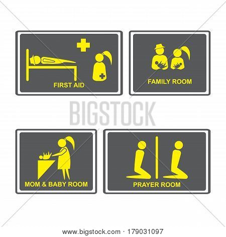 First aid Signs.First aid room on Signboards.Family roomprayer roomMom and baby room on Signboards.People icons set.Vector illustration