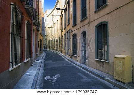 Street without people early in the morning. Europe. France Perpignan