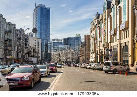 Kyiv Ukraine - March 29 2017: Traffic on the Baseyna street in Kyiv Ukraine. Kyiv is the capital of Ukraine.