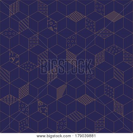 Memphis seamless pattern 80s-90s-vector illustration. Geometric seamless pattern of cubes with different geometrical patterns. Blue with gold ornament of cubes.