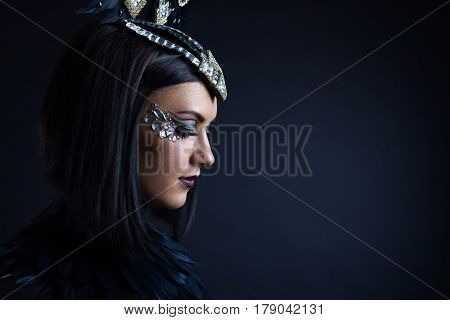 Beautiful Woman In Retro Style With Ornaments Of Rhinestone