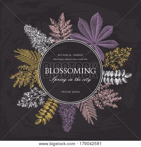 Vector card design with hand drawn blossoming trees. Floral wedding invitation template.