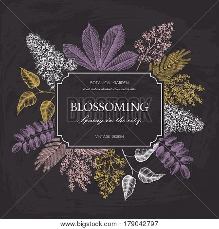 Vector card design with hand drawn blossoming trees. Floral wedding invitation template.