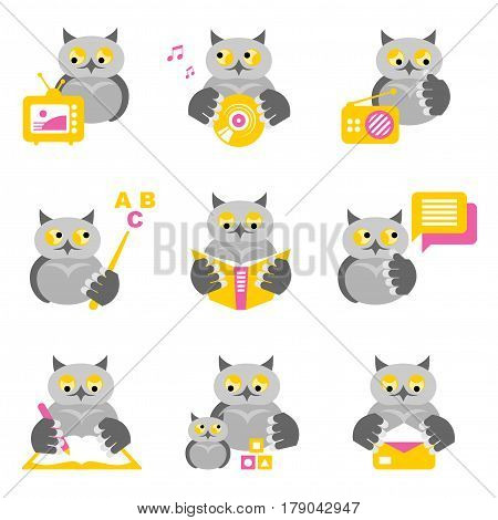 Set of colored icons - owls on the theme of education and science on a white background.