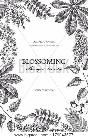 Vector card design with hand drawn blossoming trees. Floral wedding invitation template.