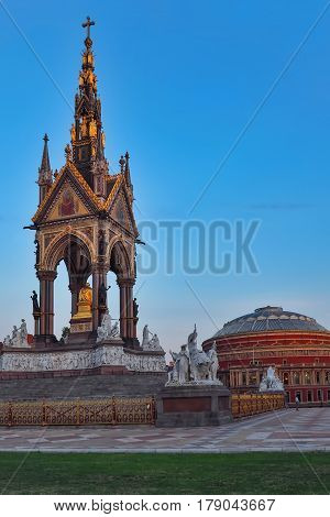 View of Prince Albert Memorial and Royal Albert Hall near Kensington Gardens in London UK.