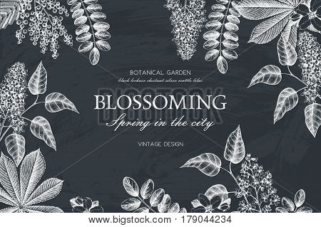 Vector card design with hand drawn blossoming trees. Floral wedding invitation template.