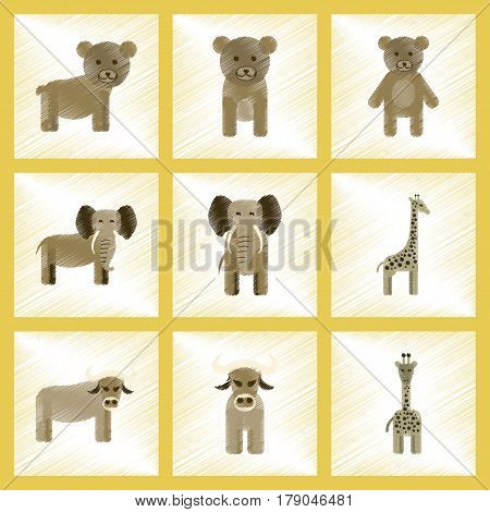 assembly flat shading style icons of giraffe bull bear elephant