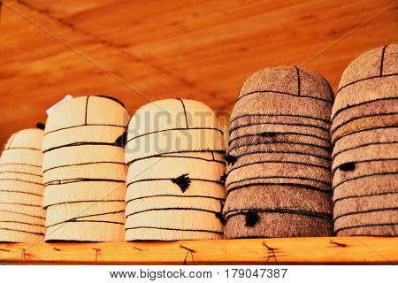 Traditional Georgian Svaneti region hats (svanuri k'udi), handmade souvenirs at marketplace.