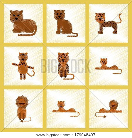 assembly flat shading style icons of cartoon tiger lion panther leopard