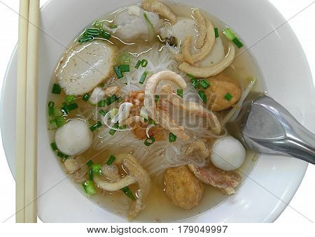 noodle with fish meat ball white background