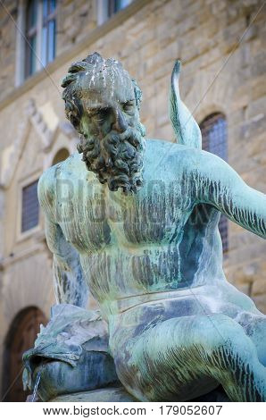 detail of a bronze by Giambologna 1560-1565 In the Neptune Fountain in Piazza della Signoria in Florence, Italy