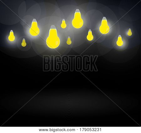 Light bulbs on dark blue background.Glowing light flashbulb design background.Vector illustration.