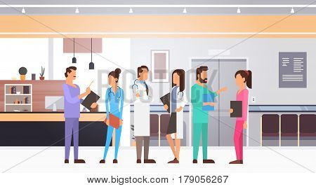 Group Medial Doctors Team Clinics Hospital Interior Flat Vector Illustration