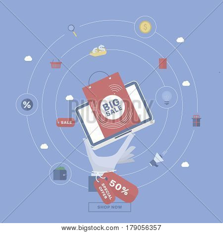 Sale background with hand holding device. Concept business vector for investing into ideas, creative innovative work, growing business. Flat illustration with thin broken line.