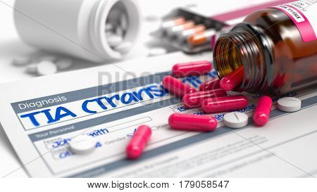 TIA - Transient Ischemic Attack - Handwritten Diagnosis in the Extract From the History of Disease. Medical Concept with Red Pills, Close View, Selective Focus. 3D Render.
