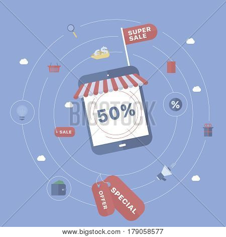 Sale background with device. Concept business vector for investing into ideas, creative innovative work, growing business. Flat illustration with thin broken line.