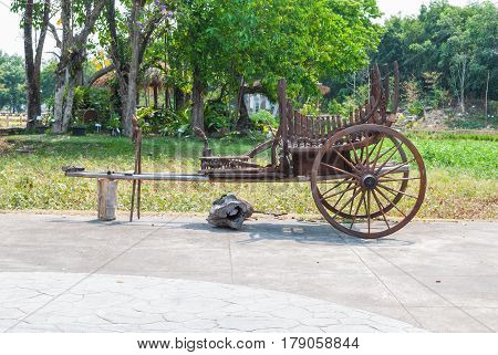 Ancient Thai Style Wooden Wagon Cart Used with Oxen for Carriage in Past (Unusable)