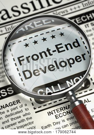Newspaper with Small Ads of Job Search Front-End Developer. Column in the Newspaper with the Searching Job of Front-End Developer. Concept of Recruitment. Selective focus. 3D Illustration.