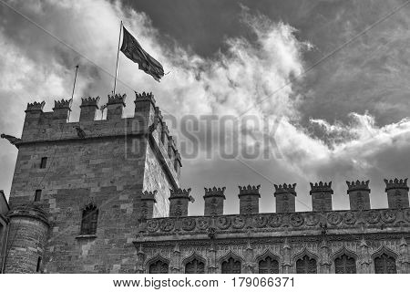 Valencia (Spain) historic palace known as Lonja de la Seda. Black and white