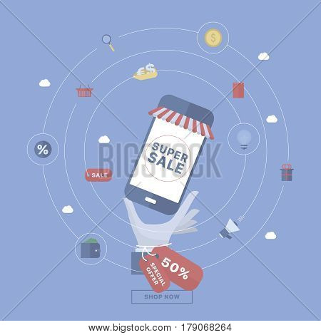 Sale background with hand holding device. Concept business vector for investing into ideas, creative innovative work, growing business. Flat illustration with thin broken line.