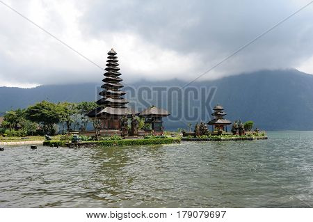 Bedugul, Indonesia - 11 February 2013: Pura Ulun Danu Bratan famous temple on the lake at Bedugul on Bali, Indonesia.