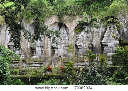 Bali, Indonesia - 12 February 2013: Gunung Kawi temple complex at Tampaksiring on Bali, Indonesia
