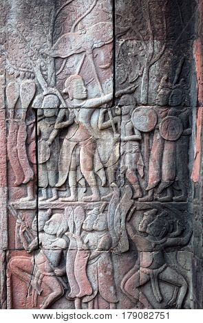 Ancient reliefs at the Angkor Wat Temple Cambodia. Angkor Wat was built between 1113 and 1150 by King Suryavarman II.
