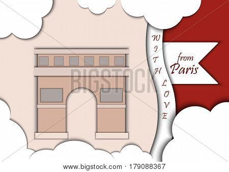 Paper applique style illustration. Card with application of Triumphal Arch, Paris, France decorated with text from Paris with love. Postcard