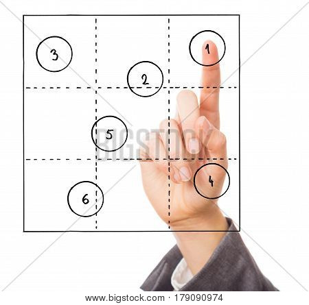 hand with 3x3 portfolio, a tool often used in various decision making and analysis processes.
