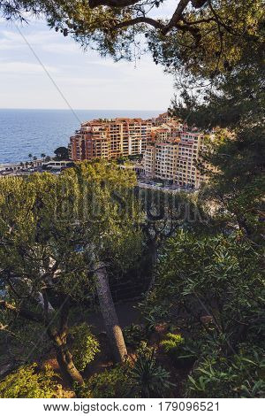 MONACO MONTECARLO - MAY 6 2016: View of the Port de Fontevieille shot on a sunny summer day from the Jardins de Saint Martin