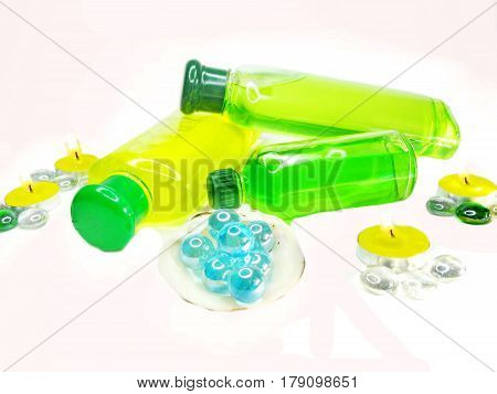 bottles of shampoo and shower gel cosmetic